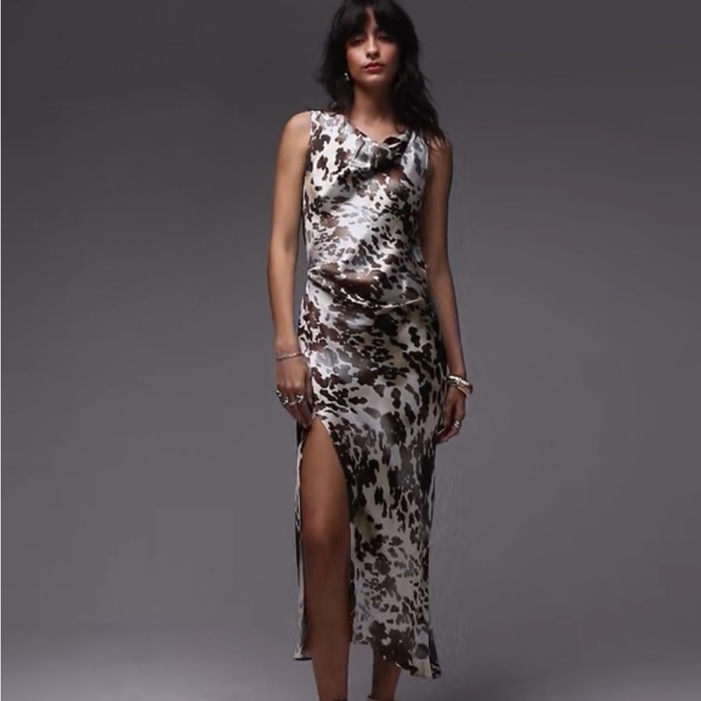 & Other Stories Sleeveless Satin Midi/Maxi Dress Cowl Neck Cow Print NWT Sz 8